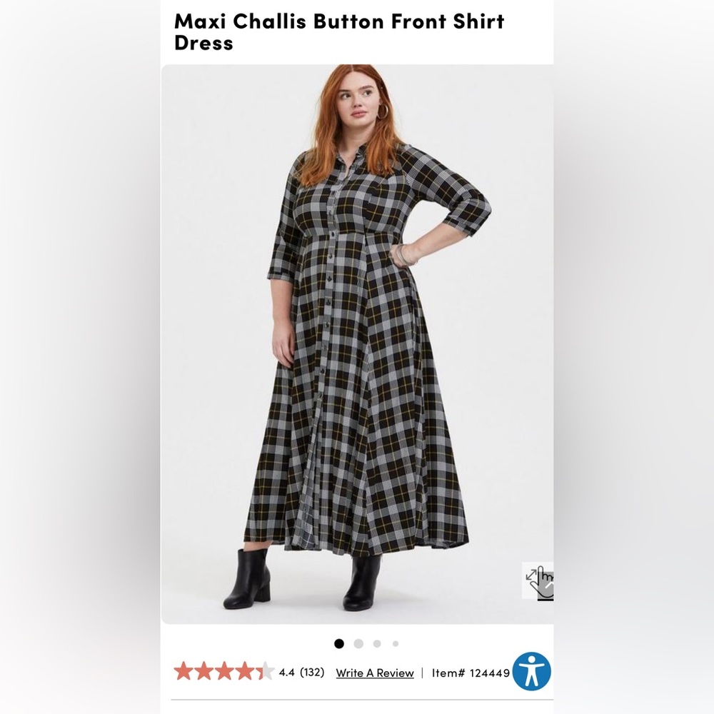 Maxi challis button front shirt dress black and yellow plaid